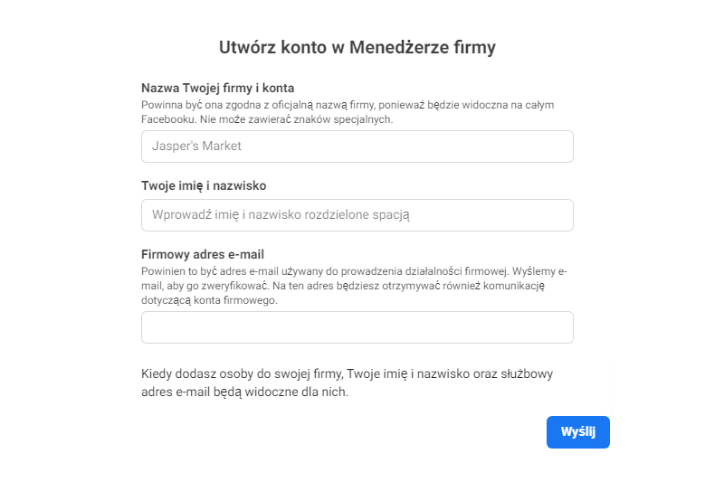 Utwórz konto w Menedżerze firmy.