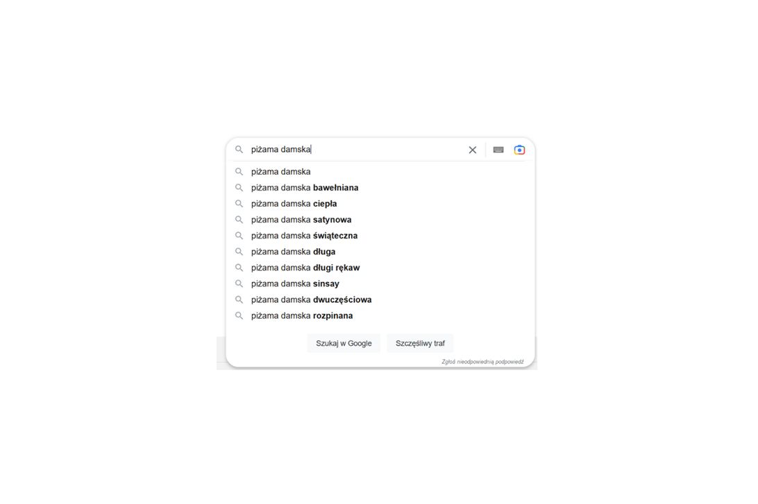 Lista sugestii autouzupełniania Google dla frazy "piżama damska"