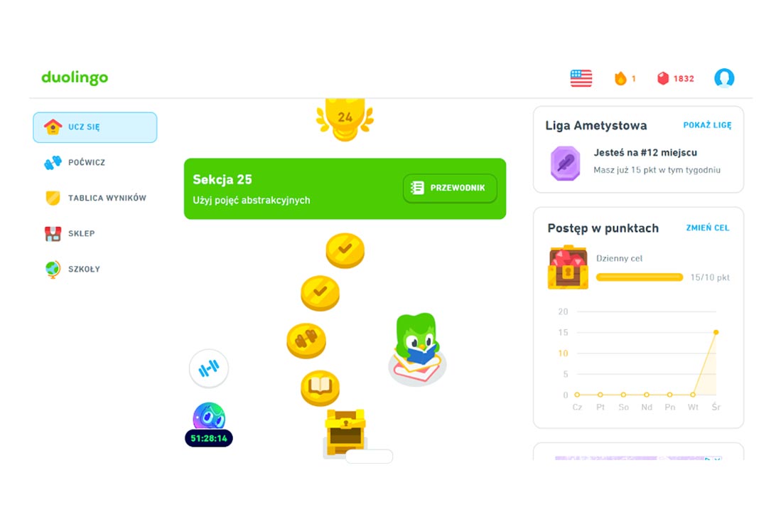 Ekran główny Duolingo.