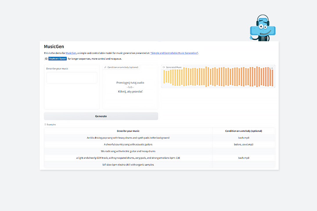 Interfejs wersji demonstracyjnej MusicGen
