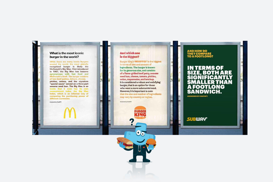 Wygenerowane przez IA banery dotyczące najbardziej kultowych kanapek w McDonald's, Burger King oraz Subway