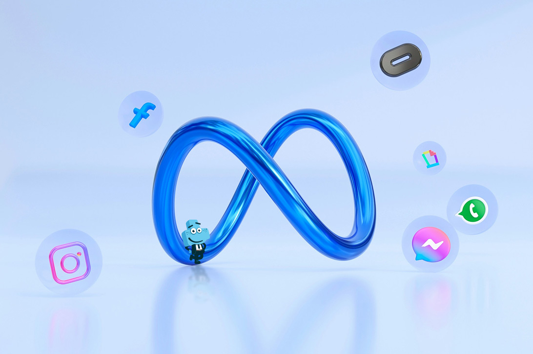 Logotypy Mety i należących do niej portali społecznościowych, z Plusjuszem pośrodku.