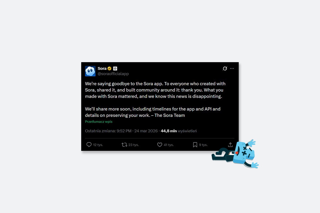 Martwy Plusjusz przy zrzucie ekranu z tweetem o zamknięciu aplikacji Sora.