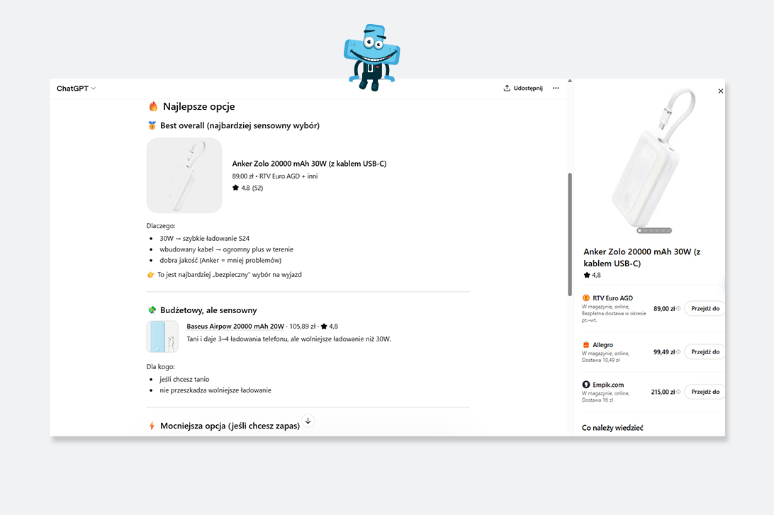 Google pokazuje głównie listę produktów i ogólne wskazówki.