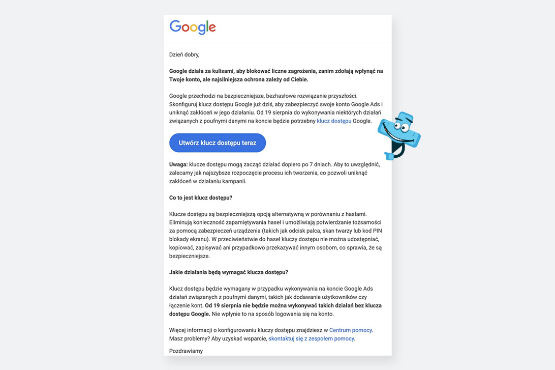 Zrzut ekranu przedstawiający komunikat o konieczności utworzenia kodu dostępu do Google Ads.