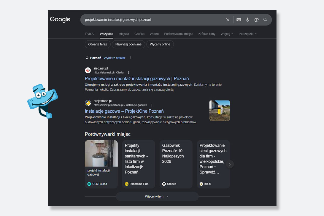 Screenshot przedstawiający wyniki wyszukiwania dla frazy "projektowanie instalacji gazowych poznań".
