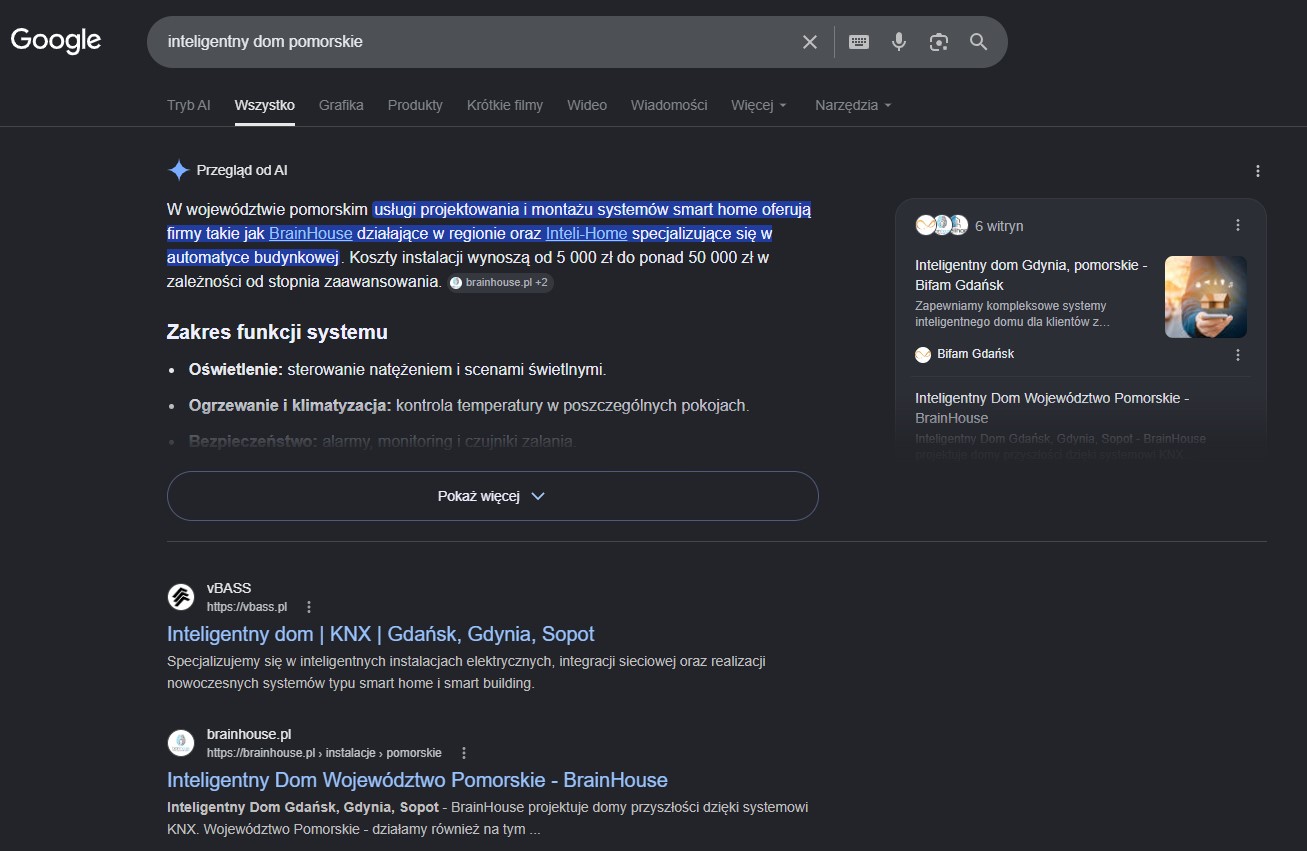 Screenshot przedstawiający wyniki wyszukiwania dla frazy "inteligentny dom pomorskie".